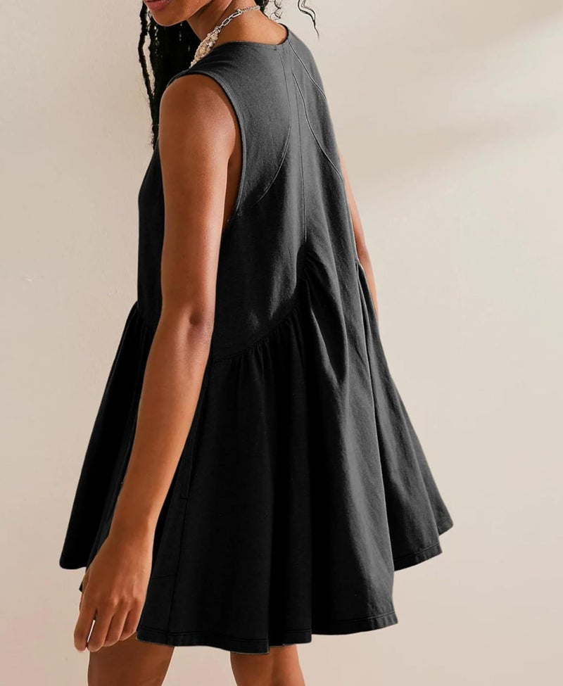 OPCAKM Women's V Neck Sleeveless Mini Dress Loose Summer Pleated Swing Flowy Sundress(Black-S) - Image 4