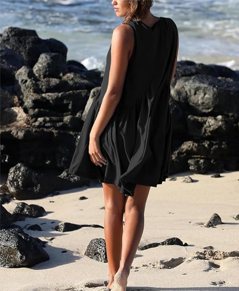 OPCAKM Women's V Neck Sleeveless Mini Dress Loose Summer Pleated Swing Flowy Sundress(Black-S) - Image 3