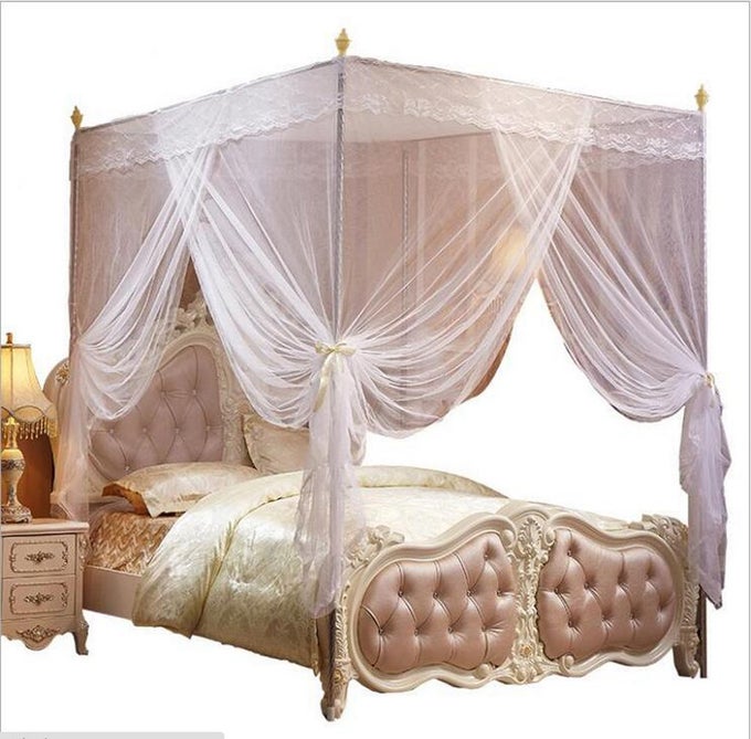 4 CORNERS CANOPY BED CURTAINS CANOPY BED NETTING CANOPIES FOR GIRLS PRINCESS ADULTS BED KING WHITE