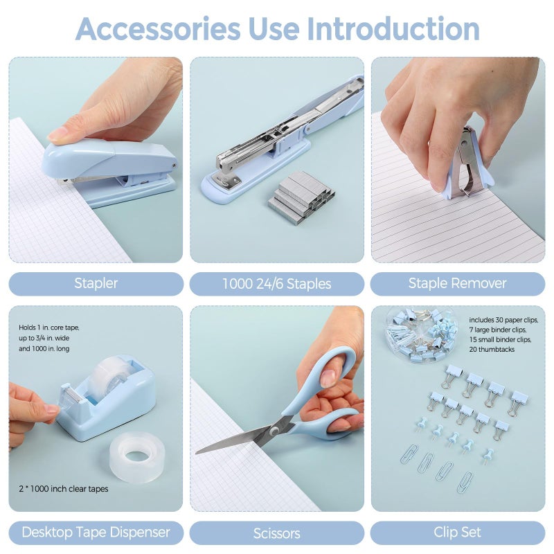 SKYDUE Blue Office Desk Accessories, Blue Office Supplies, Stapler, Tape Dispenser, Scissors, Clips and 1000pcs Staples,Desk Supplies for Women - Image 2