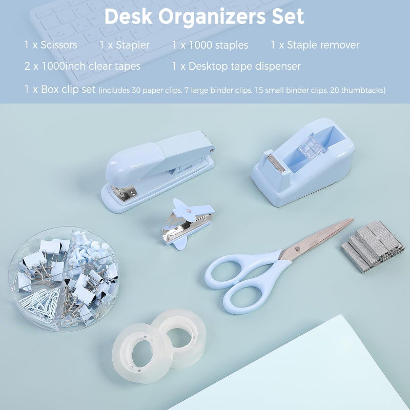 SKYDUE Blue Office Desk Accessories, Blue Office Supplies, Stapler, Tape Dispenser, Scissors, Clips and 1000pcs Staples,Desk Supplies for Women - Image 3