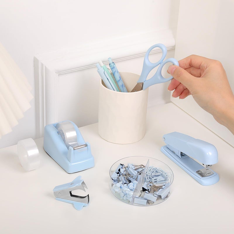 SKYDUE Blue Office Desk Accessories, Blue Office Supplies, Stapler, Tape Dispenser, Scissors, Clips and 1000pcs Staples,Desk Supplies for Women - Image 5