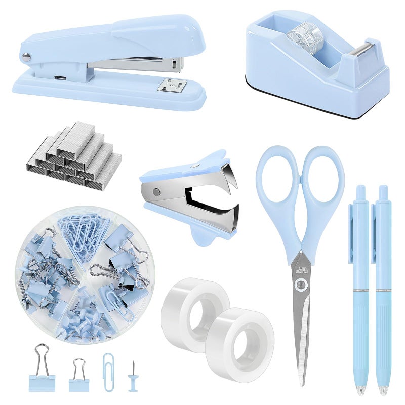SKYDUE Blue Office Desk Accessories, Blue Office Supplies, Stapler, Tape Dispenser, Scissors, Clips and 1000pcs Staples,Desk Supplies for Women - Image 1