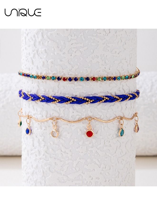 يونيك 3 قطع الخلخال الملونة للنساء الفتيات لون الخرز الفيروز قطرة الترتر سحر أساور الكاحل قابل للتعديل مجموعة بوهو متعدد الطبقات مجوهرات القدم الشاطئ - Image 3