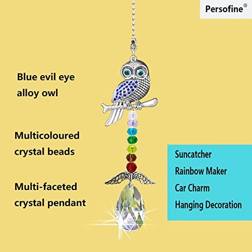 Persofine Hanging Crystal Charm Owl Suncatcher for Window and Home Decor,Blue Evil Eye Protection and Good Luck Car Charm Pendant (Owl) - Image 2