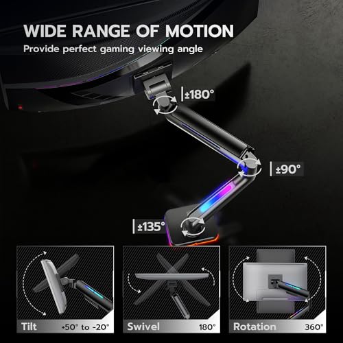 ARES WING Ultrawide Monitor arm for 17-49'' Heavy Duty Screen up to 44lbs, Gas Spring Single Monitor Arm with RGB Light, Adjustable Gaming Computer Monitor Arm for Desk, Black - Image 2
