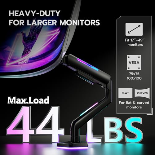 ARES WING Ultrawide Monitor arm for 17-49'' Heavy Duty Screen up to 44lbs, Gas Spring Single Monitor Arm with RGB Light, Adjustable Gaming Computer Monitor Arm for Desk, Black - Image 5