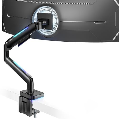 ARES WING Ultrawide Monitor arm for 17-49'' Heavy Duty Screen up to 44lbs, Gas Spring Single Monitor Arm with RGB Light, Adjustable Gaming Computer Monitor Arm for Desk, Black - Image 1