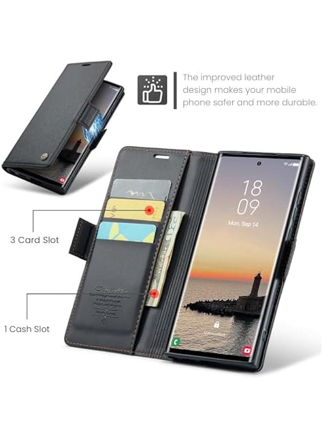 black PU Leather RFID Blocking Wallet Case for Samsung Galaxy S25 Ultra - Folio Flip Design with Credit Card Holder, Kickstand, Magnetic Clasp - Stylish Protective Phone Cover for Men and Women - Image 3