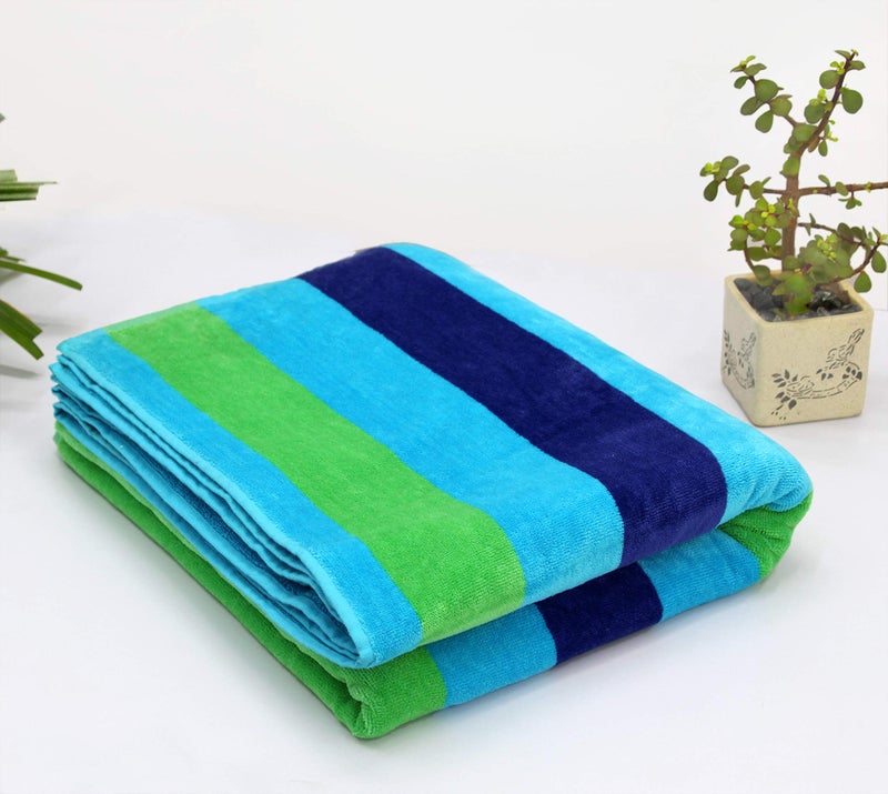 COTTON CRAFT Oversized Extra Wide XL Beach Blanket Towel for Two - 58x68-100% Cotton Velour - Big & Huge - Pool Picnic Bath Jacquard Thick Plush Super Soft Luxury - 450 GSM - Cabana Stripe Blue Green - Image 3