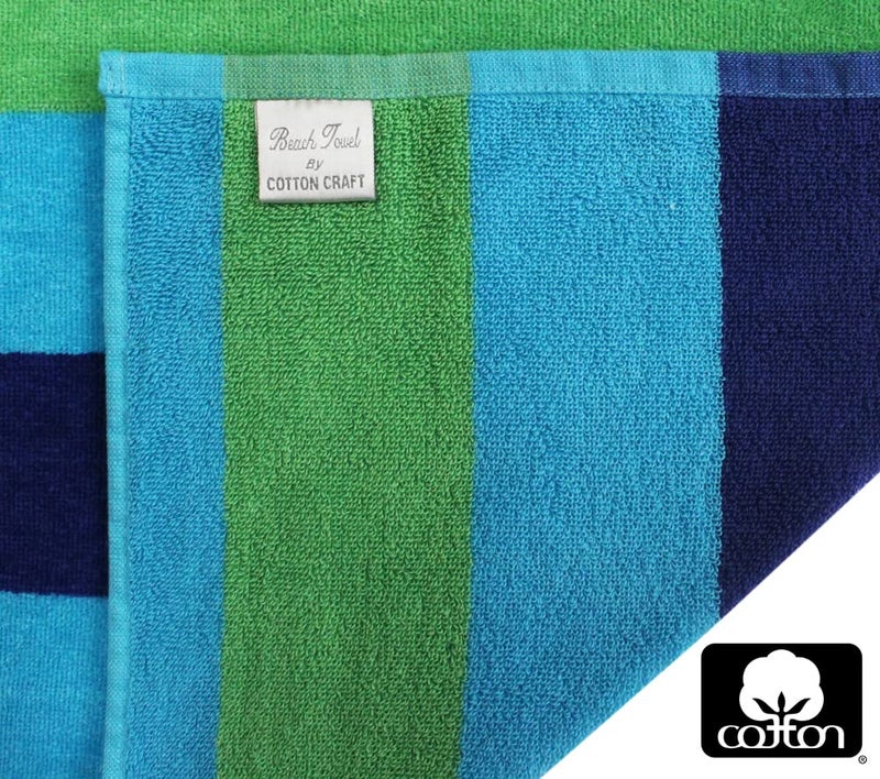 COTTON CRAFT Oversized Extra Wide XL Beach Blanket Towel for Two - 58x68-100% Cotton Velour - Big & Huge - Pool Picnic Bath Jacquard Thick Plush Super Soft Luxury - 450 GSM - Cabana Stripe Blue Green - Image 2