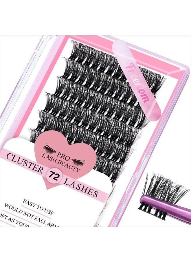 PRO LASHBEAUTY Cluster Lashes, 72 Pcs Individual Lashes, Lash Clusters DIY Eyelash Extension, Super Thin Band Reusable Soft & Comfortable (Freedom-D-14mm)  - Image 1