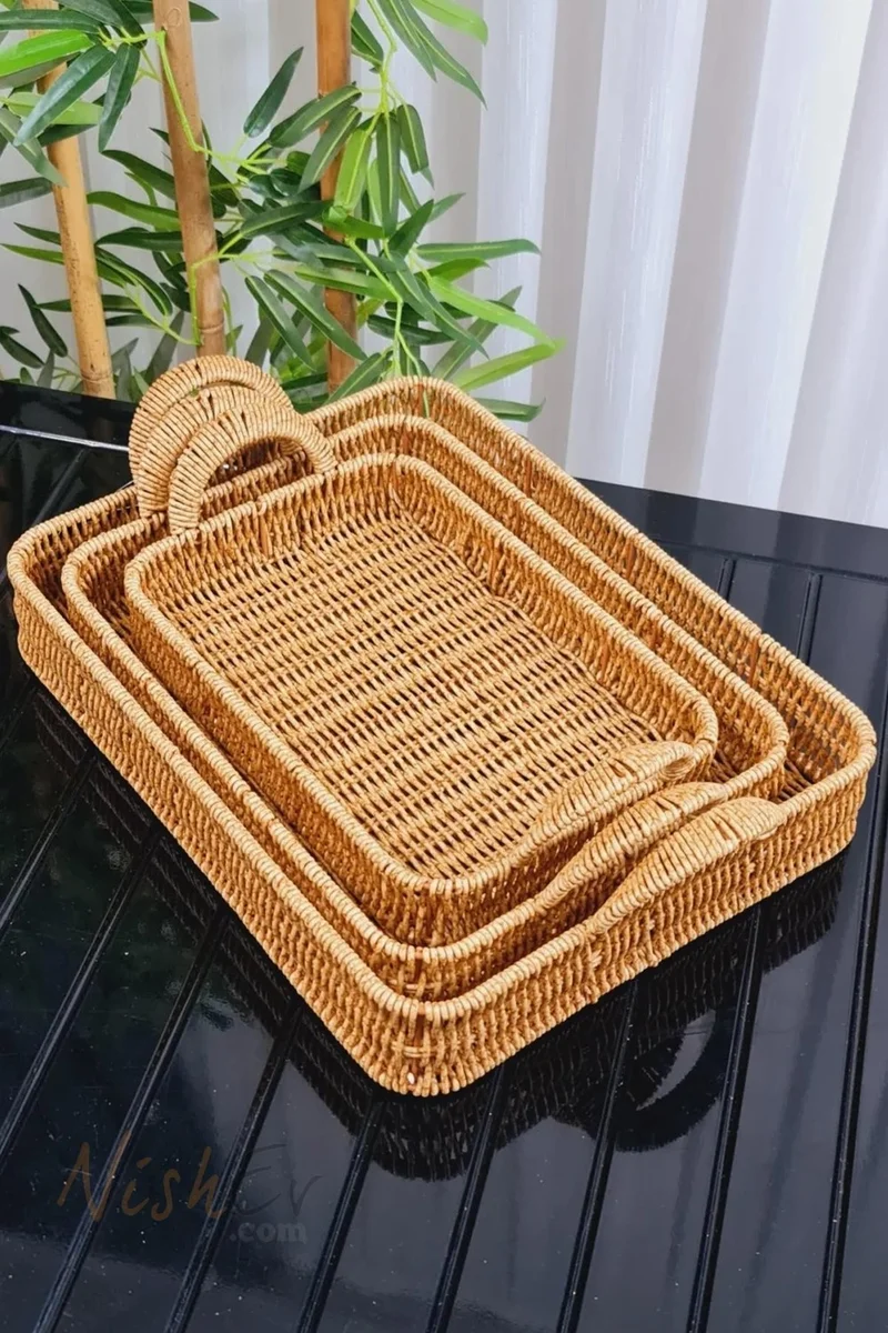 نيشيف Rectangular 3-Piece Wicker Tray Serving Tray Organizer Serving Tray Set