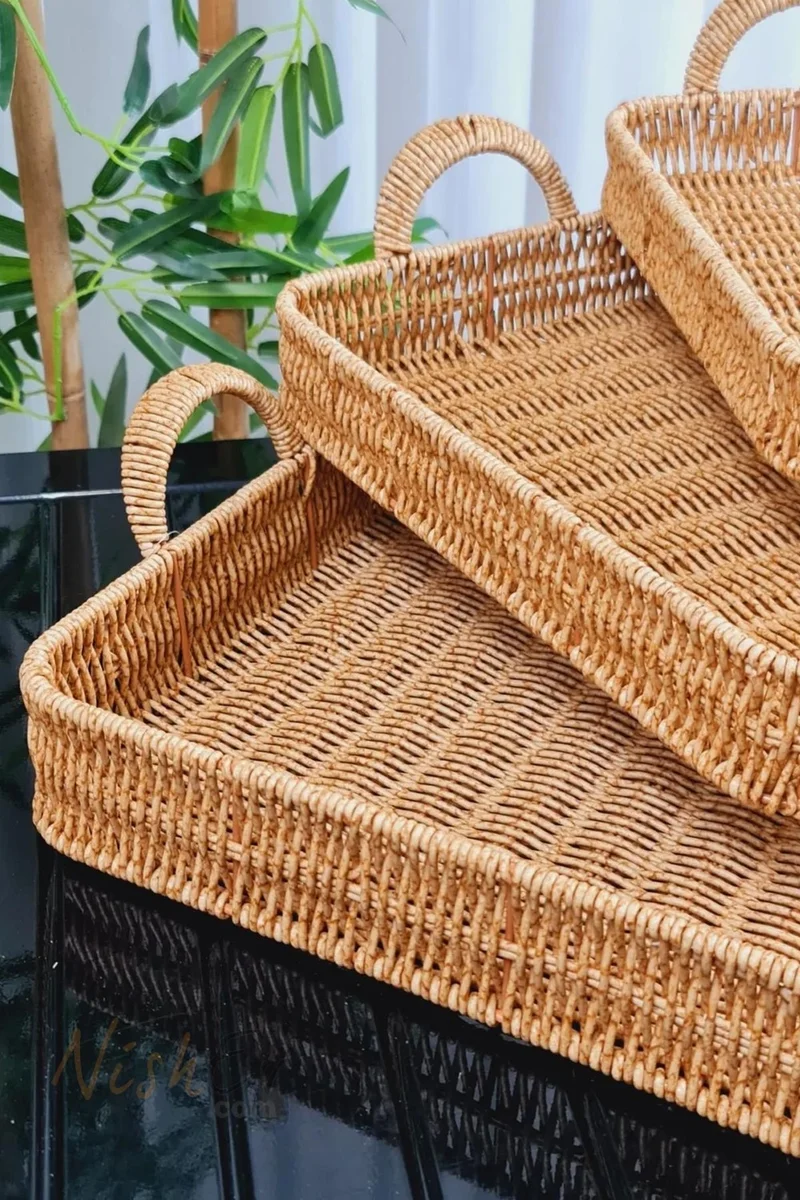 نيشيف Rectangular 3-Piece Wicker Tray Serving Tray Organizer Serving Tray Set