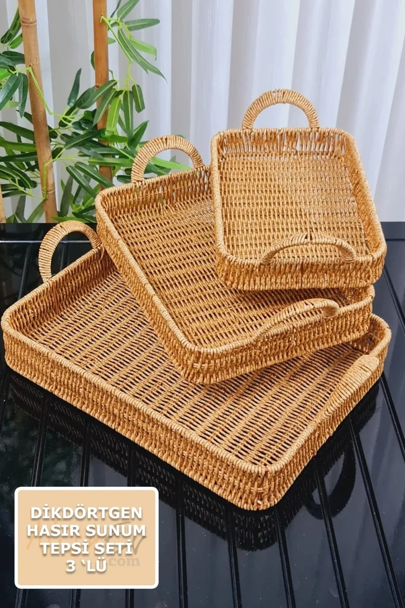 نيشيف Rectangular 3-Piece Wicker Tray Serving Tray Organizer Serving Tray Set