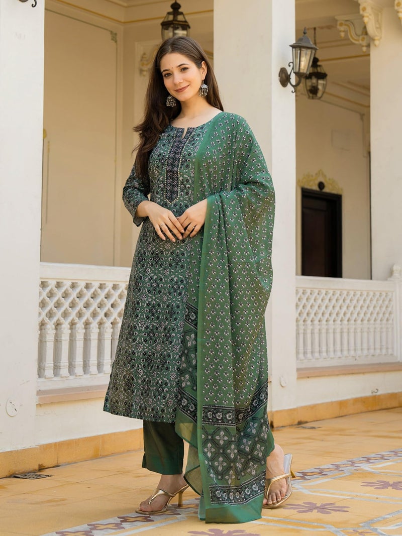 Vaamsi Women's Ethnic Motifs Straight Printed Kurta Pant With Dupatta Set (VKSKD2281_XS_Green) - Image 5