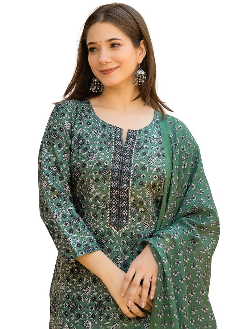 Vaamsi Women's Ethnic Motifs Straight Printed Kurta Pant With Dupatta Set (VKSKD2281_XS_Green) - Image 1
