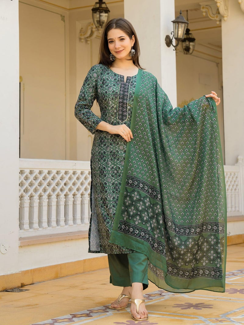 Vaamsi Women's Ethnic Motifs Straight Printed Kurta Pant With Dupatta Set (VKSKD2281_XS_Green) - Image 2