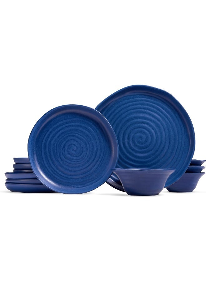 Kook Ceramic Dinnerware Set 12 Piece Organic Shape Dinner Plates Salad Plates Soup Bowls Microwave and Dishwasher Safe Service for 4 Navy Spiral Pattern - Image 1