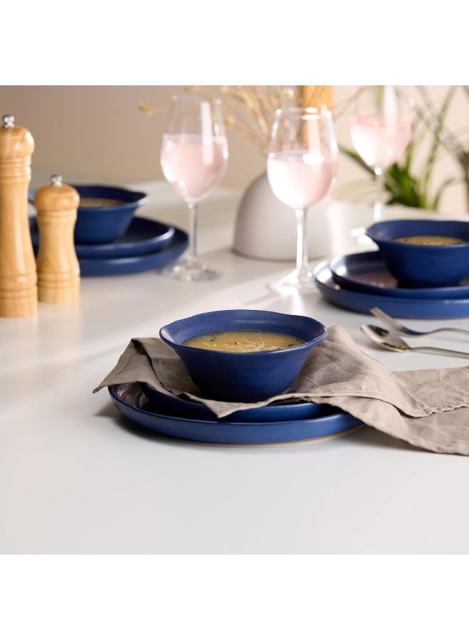 Kook Ceramic Dinnerware Set 12 Piece Organic Shape Dinner Plates Salad Plates Soup Bowls Microwave and Dishwasher Safe Service for 4 Navy Spiral Pattern - Image 3