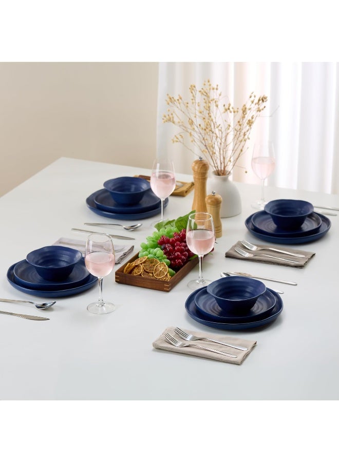 Kook Ceramic Dinnerware Set 12 Piece Organic Shape Dinner Plates Salad Plates Soup Bowls Microwave and Dishwasher Safe Service for 4 Navy Spiral Pattern - Image 2