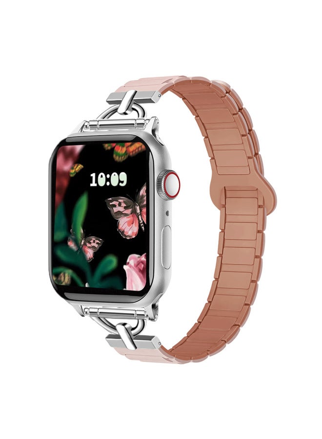 Suitable For Apple Watch For ApplewatchS10 Magnetic Two-color Small Waist Silicone Strap Girls 2025 New-Color:38/40/41/s10(42) Oxford Pink With Rose Gray  - Image 1