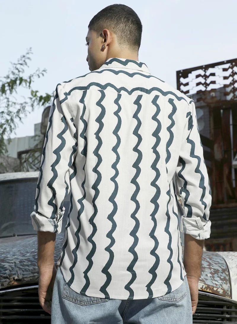 CAHOOT  Men's White & Navy Blue Contrast Paint Lines Shirt for Men | Best Price UAE