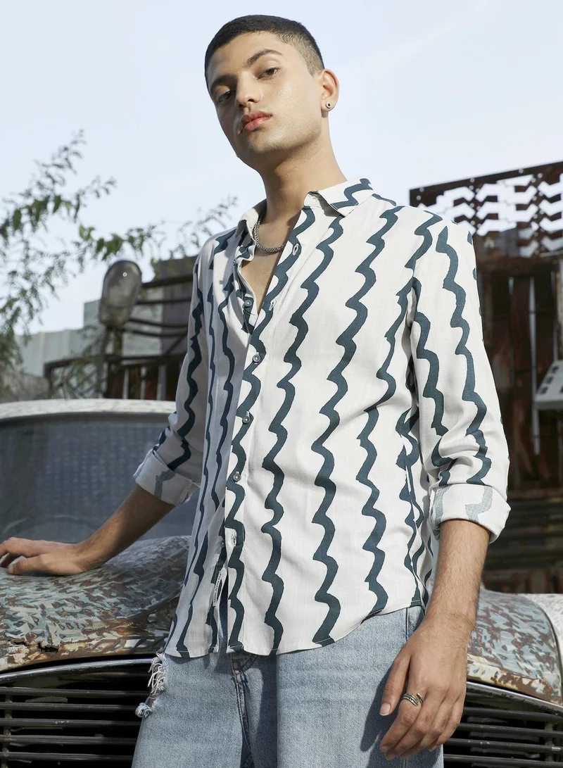 CAHOOT  Men's White & Navy Blue Contrast Paint Lines Shirt for Men | Best Price UAE