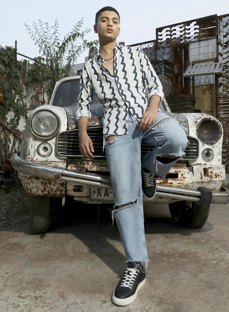 CAHOOT  Men's White & Navy Blue Contrast Paint Lines Shirt for Men | Best Price UAE
