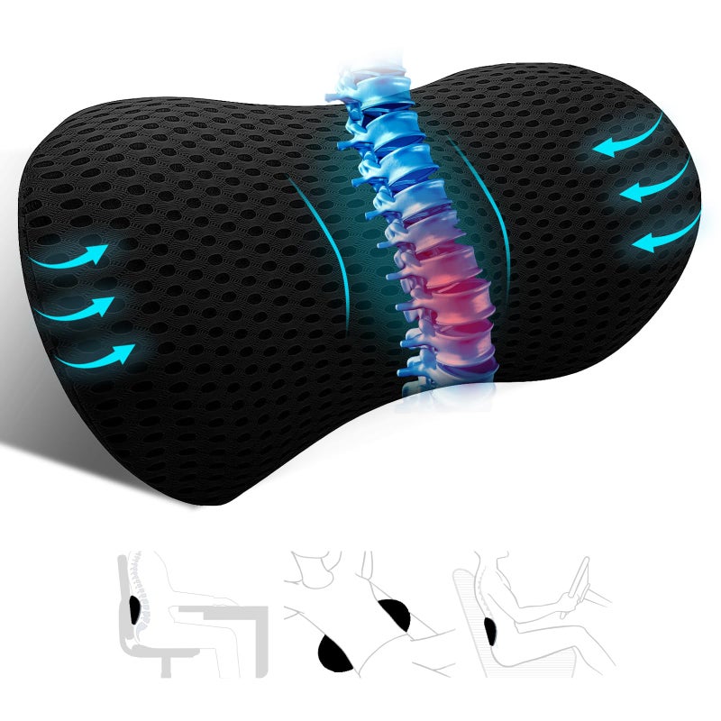 kasney Lumbar Support Pillow, Memory Foam Lumbar Pillow for Lower Back Pain Relief, Back Support Pillow for Office Chair, Car Seat - Black - Image 1