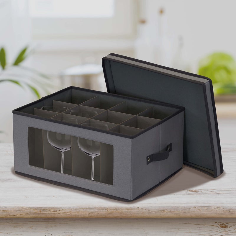 Household Essentials Balloon Wine Glass Storage Box, Strong Frame and Handles, Windowed Panel, Fully Removable Lid, Stackable and Foldable, Perfect for Wider Stemware, Gray - Image 2
