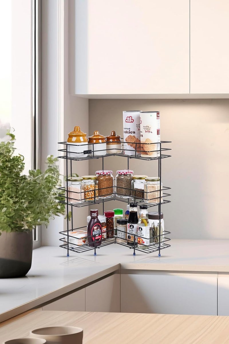 Tinbell Metal LShape 3Tier Kitchen Corner RackDish RackStorage ShelfStorage Rack For Kitchen AccessoriesCounter Top StandWall Mounted Multipurpose Organizer Size L 33 X W 33 X H 46 Cm - Image 1