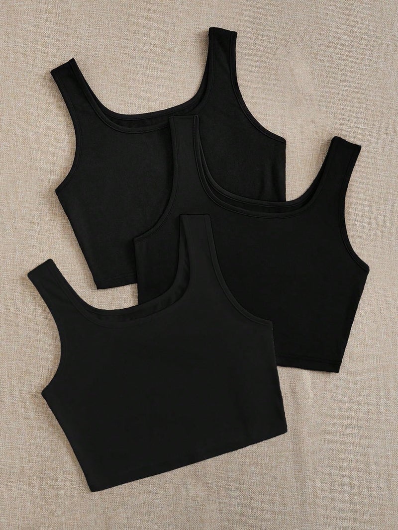Toochki Women's Knitted Sleeveless Solid Black Sqaure Neck Ribbed Tank & Crop Tops (Pack of 3 (Three)) - Image 2