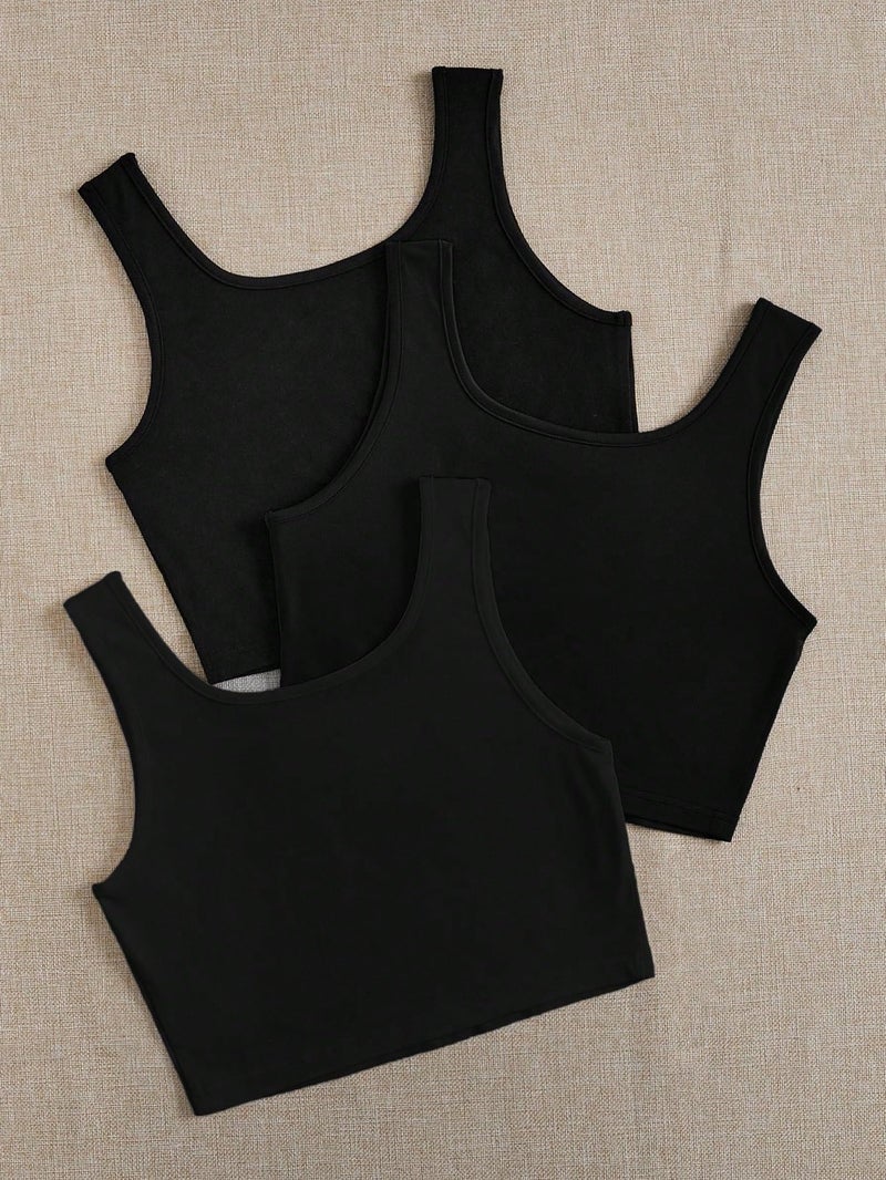 Toochki Women's Knitted Sleeveless Solid Black Sqaure Neck Ribbed Tank & Crop Tops (Pack of 3 (Three)) - Image 3