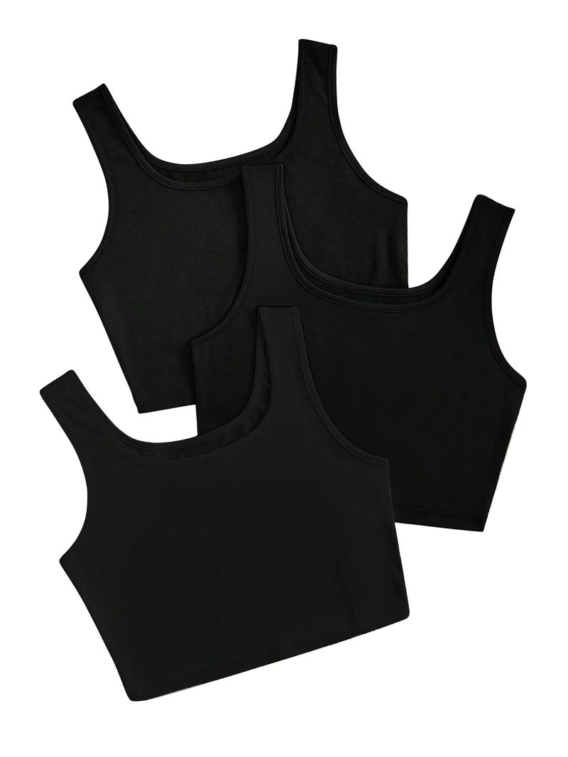 Toochki Women's Knitted Sleeveless Solid Black Sqaure Neck Ribbed Tank & Crop Tops (Pack of 3 (Three)) - Image 1