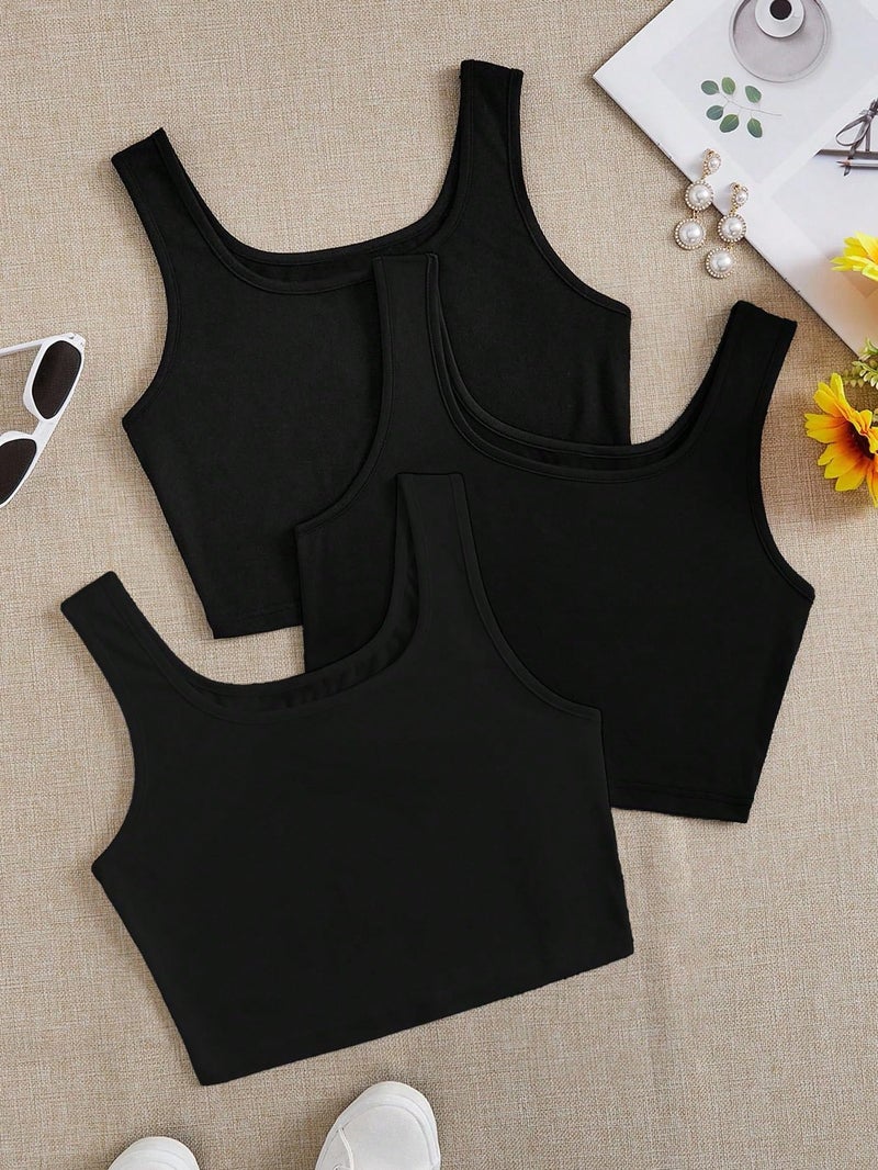 Toochki Women's Knitted Sleeveless Solid Black Sqaure Neck Ribbed Tank & Crop Tops (Pack of 3 (Three)) - Image 4