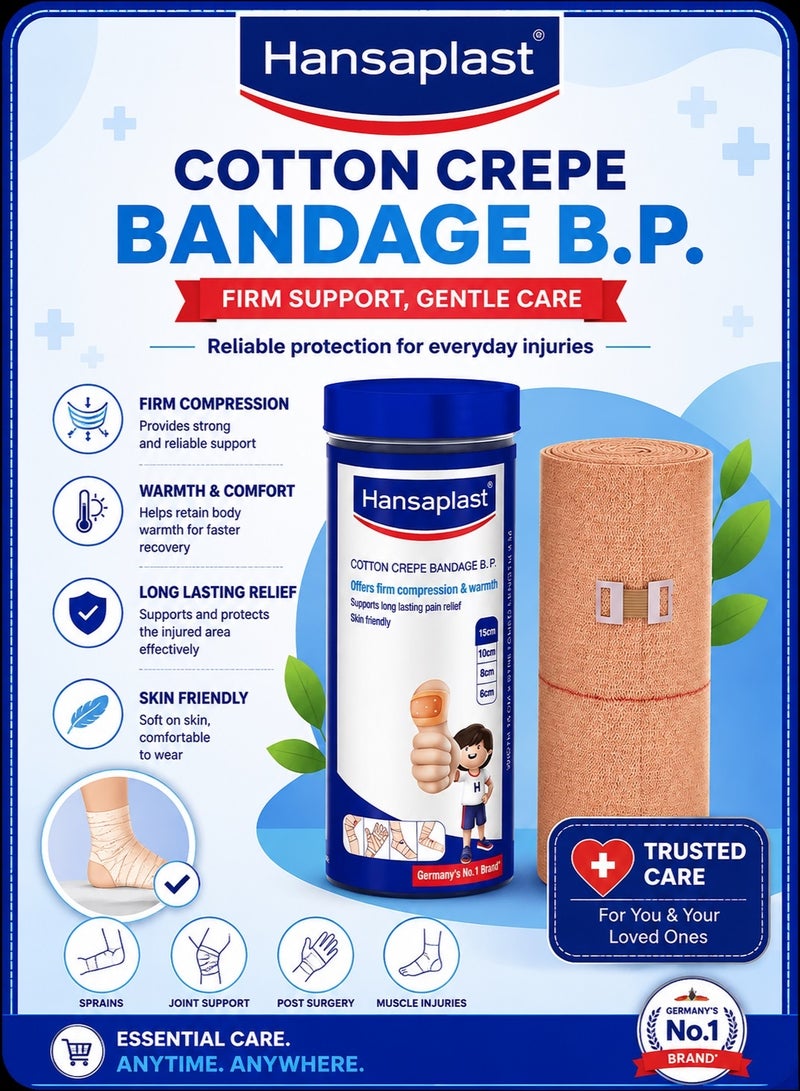 Hansaplast Soft Cotton Pain Relief Crepe Bandage B.P. Pack of 1 (15CM X 4MTR)| Offers Firm Compression & Warmth | Supports Long Lasting Pain Relief | Skin Friendly - Image 1
