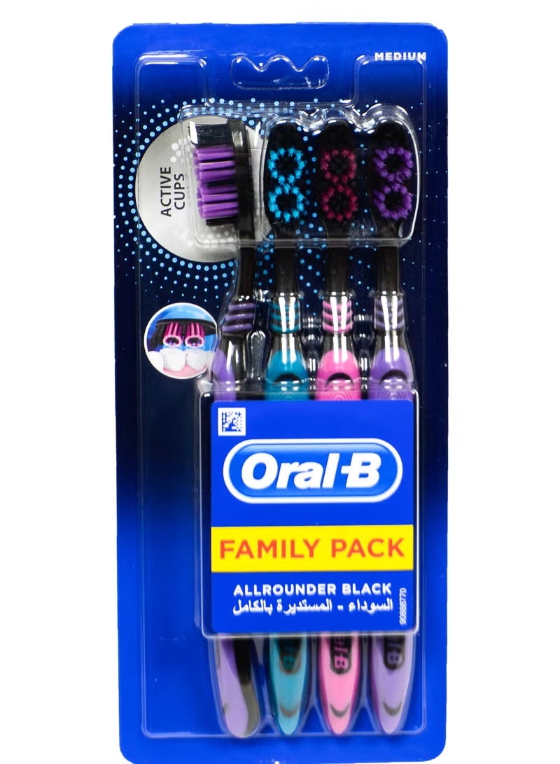 Allrounder Black Medium Manual Toothbrush - Family Pack of 4 (Multi-Colored)