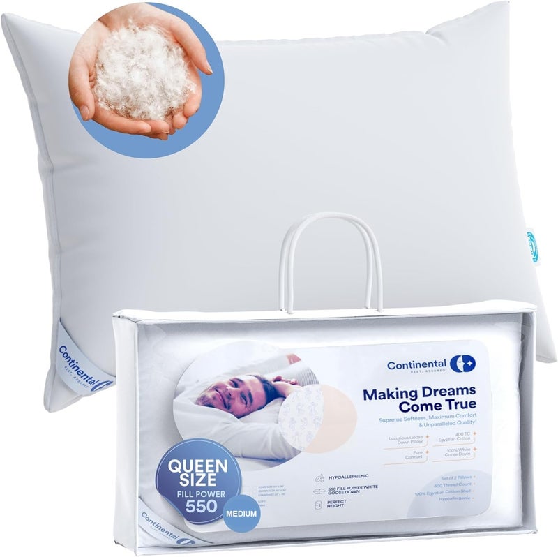 Continental Bedding  Harmony White Down Pillow  550 Fill Power  400 Thread Count Cotton Cover  Made in USA  Medium Queen Pack of 1