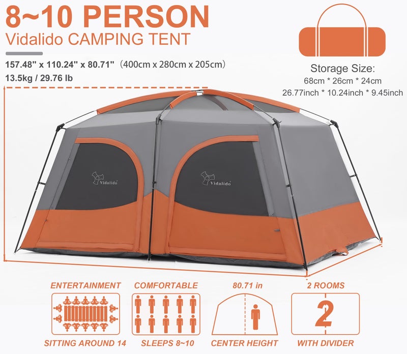 Vidalido Tents，8-10 Person Camping Tent with Extended Vestibule，2 Room Weather Resistant Family Tents，Easy Install Waterproof Outdoor Tent for Camping Hiking（Orange） - Image 3