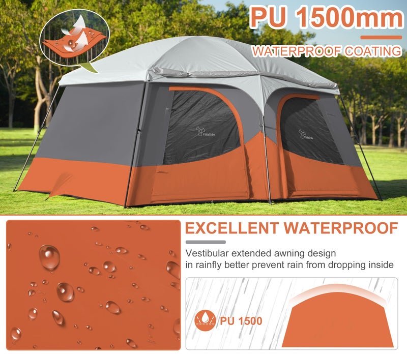 Vidalido Tents，8-10 Person Camping Tent with Extended Vestibule，2 Room Weather Resistant Family Tents，Easy Install Waterproof Outdoor Tent for Camping Hiking（Orange） - Image 2