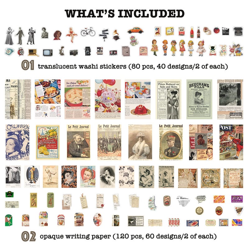Knaid Vintage Scrapbook Supplies Pack (200 Pieces) for Junk Journal Bullet Journals Planners Aesthetic Paper Stickers Craft Kits Cottagecore Collage Album (Retro) - Image 2