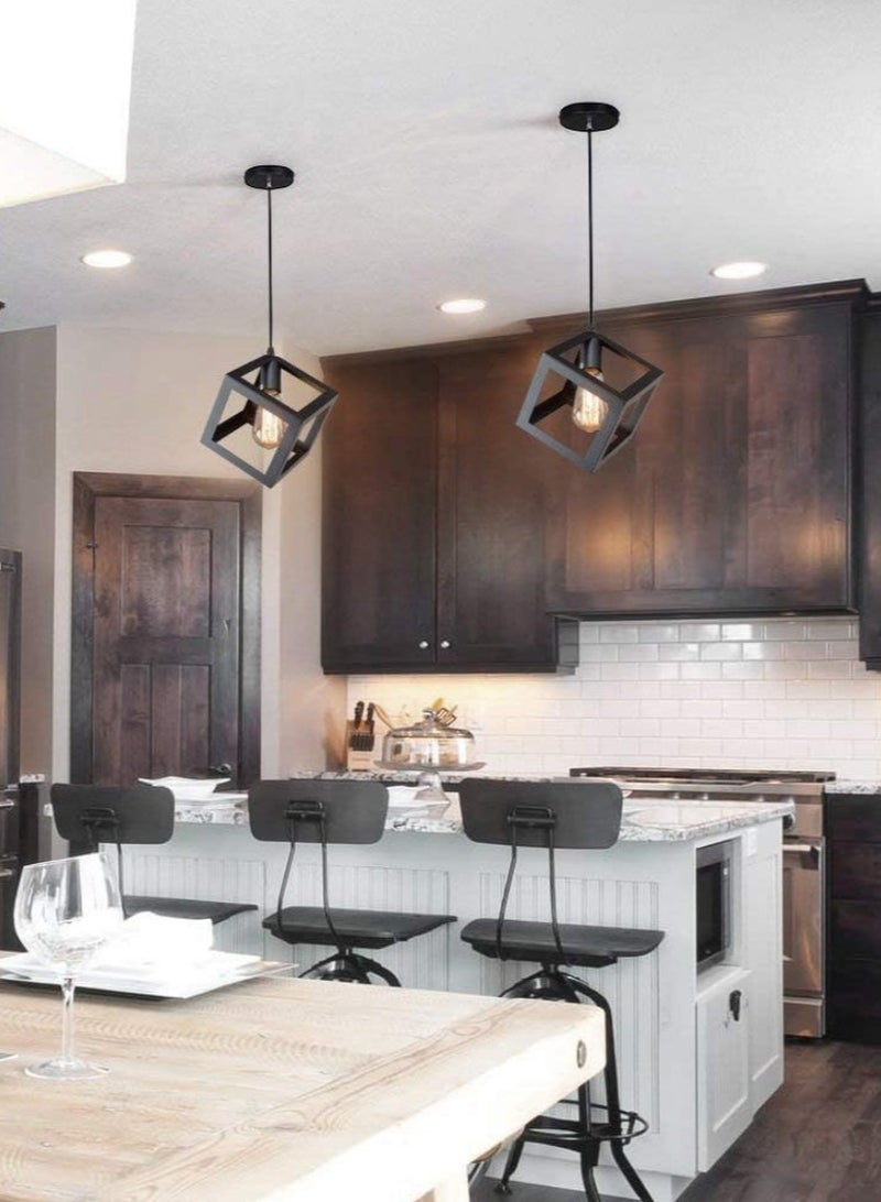 SL Light Vintage Metal Cube Shaped Cube Hanging Pendant Ceiling Light (Black) - Set of 4  - Image 4