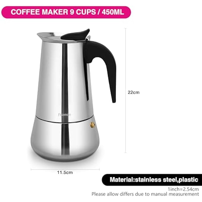 فيسمان ماكينة صنع قهوة موكا بوت سعة 450 مل، ماكينة صنع إسبرسو، مناسبة لموقد طهي 9 أكواب، مصنوعة من الفولاذ المقاوم للصدأ، ماكينة صنع إسبرسو، قاعدة حثية، متوافقة مع جميع مواقد الطهي - Image 4