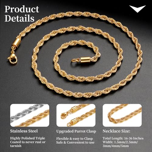 Monily Men's 24K Gold Plated Rope Chain Necklace, Stainless Steel Twisted Chain for Men and Women, 4MM 26 Inches - Image 5
