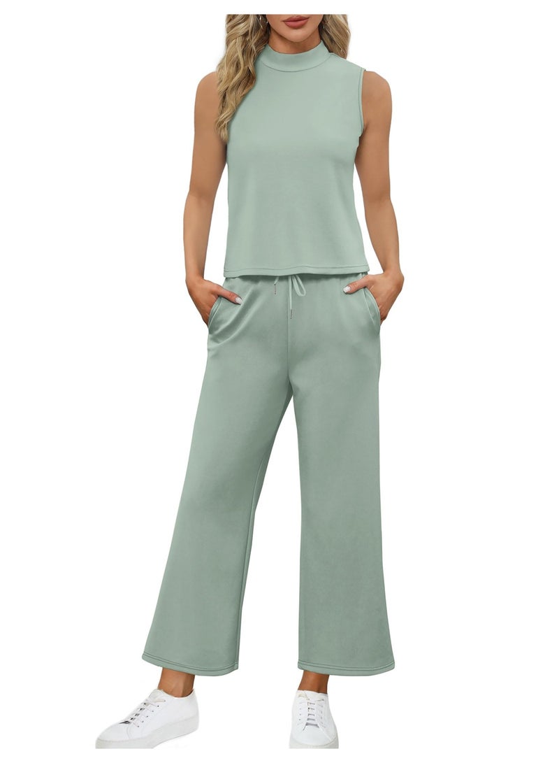 NIBEMINENT Two Piece Sets for Women Summer Outfits Lounge Sets Mock Neck Tops Wide Leg Crop Pants Vacation Travel Outfits - Image 3