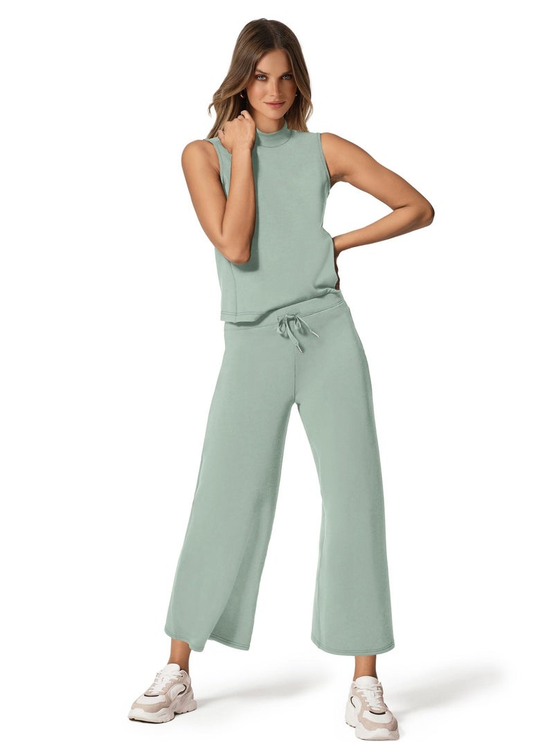 NIBEMINENT Two Piece Sets for Women Summer Outfits Lounge Sets Mock Neck Tops Wide Leg Crop Pants Vacation Travel Outfits - Image 2