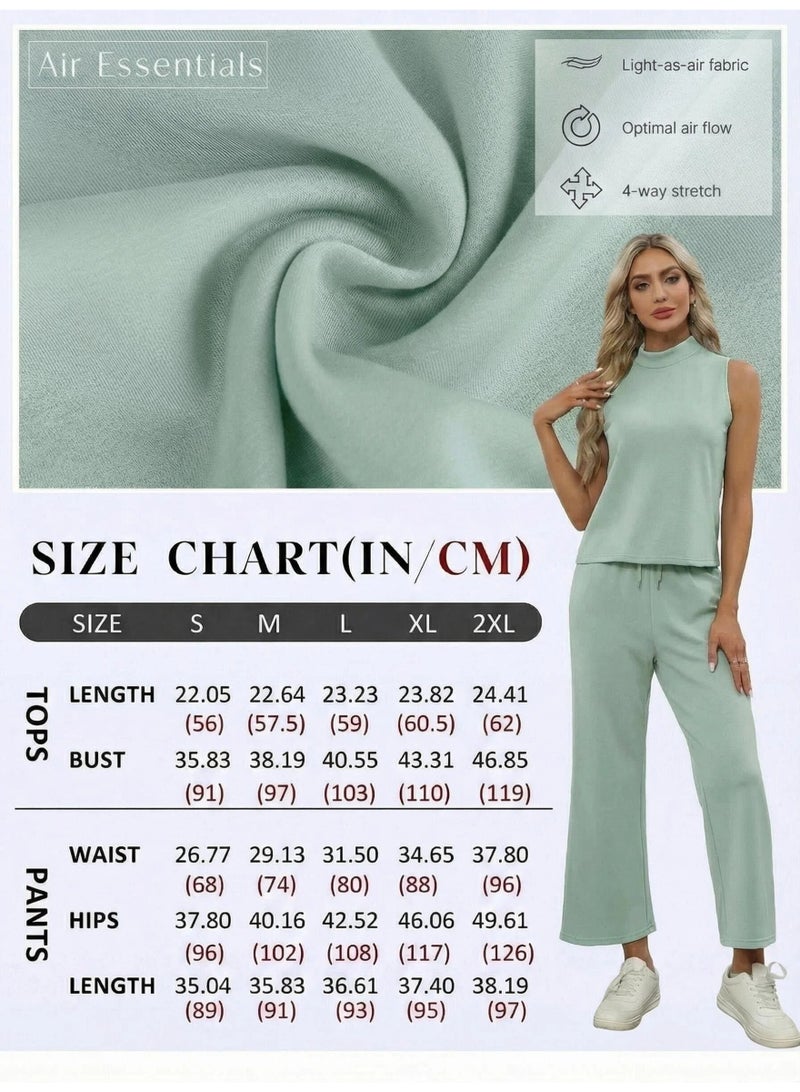 NIBEMINENT Two Piece Sets for Women Summer Outfits Lounge Sets Mock Neck Tops Wide Leg Crop Pants Vacation Travel Outfits - Image 4