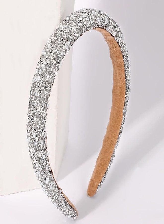 Vovii Rhinestone Padded Crystal Headband - Women's Glitter Bling Pearls Jeweled Hair Accessory For Prom (White) - Image 2