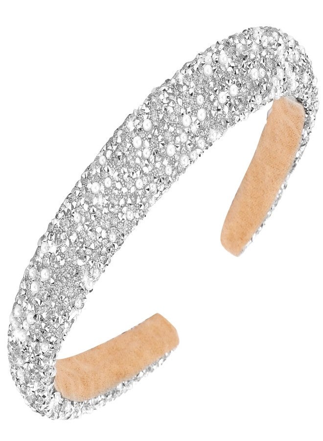 Vovii Rhinestone Padded Crystal Headband - Women's Glitter Bling Pearls Jeweled Hair Accessory For Prom (White) - Image 1